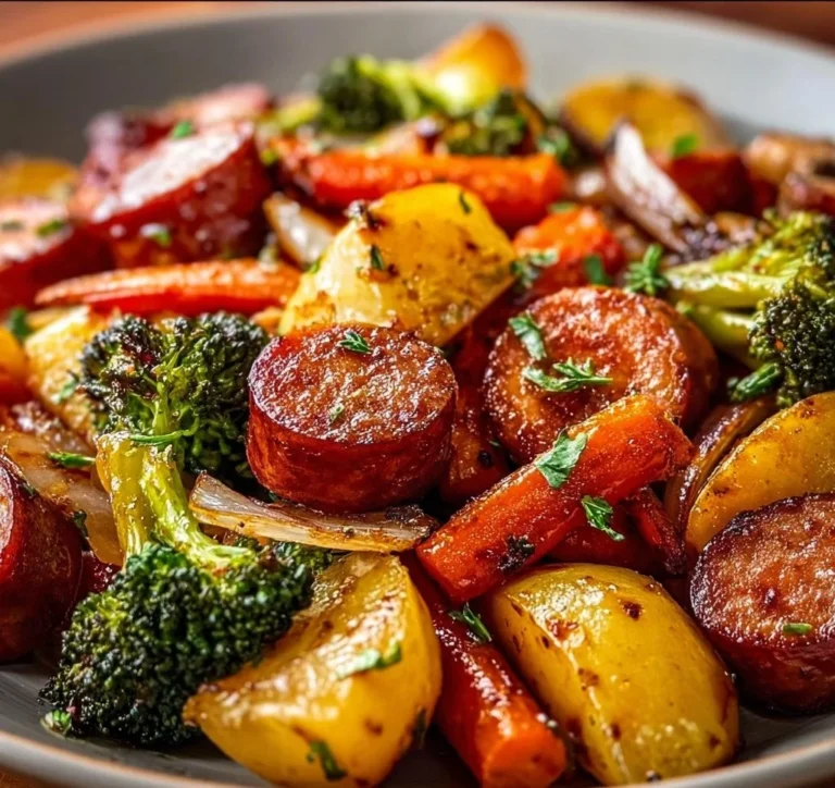 One-pan honey garlic kielbasa with colorful veggies ready to serve