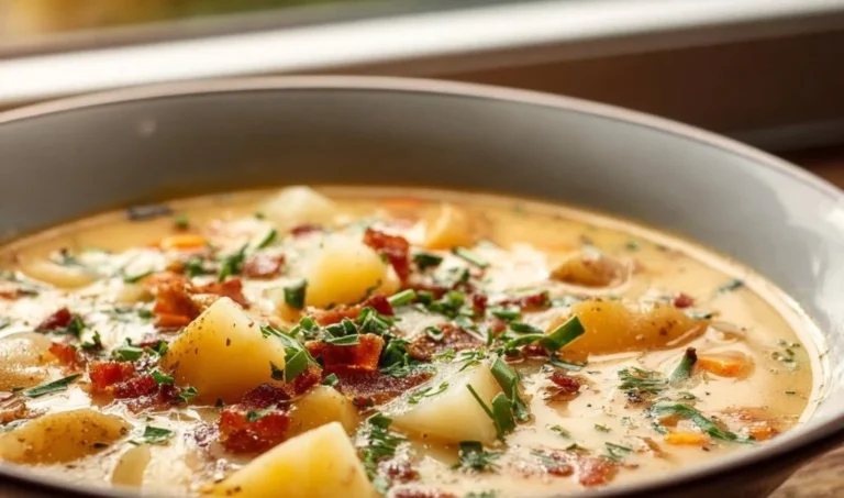 Creamy Outback potato soup served in a bowl, garnished with chives and crispy bacon.