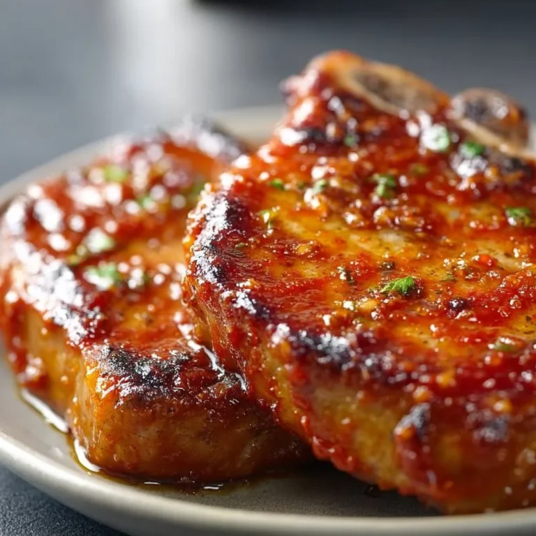 Oven baked barbecue pork chops served on a plate with colorful sides
