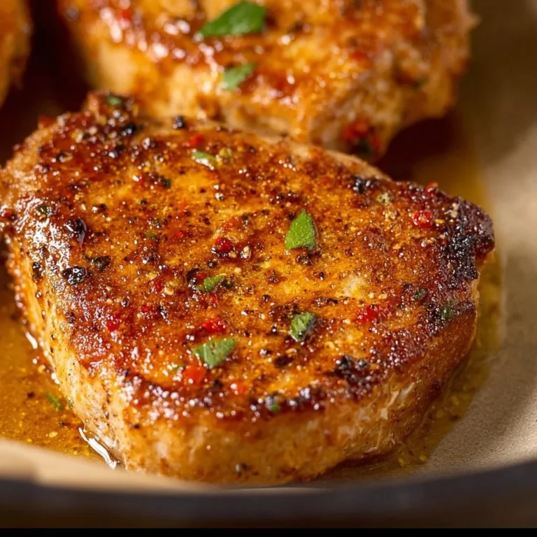 Oven baked boneless pork chops served with vegetables