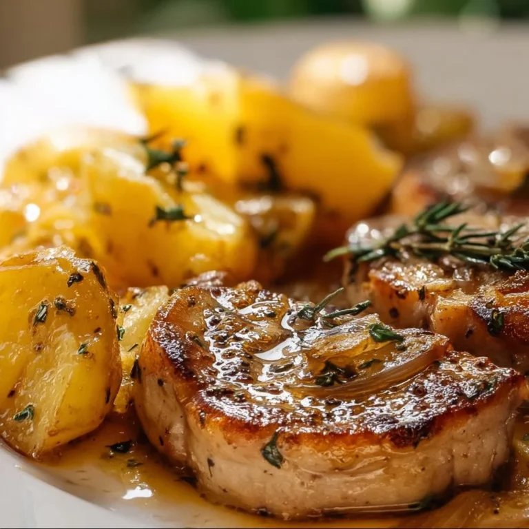 Oven-baked pork chops with crispy potatoes on a serving plate
