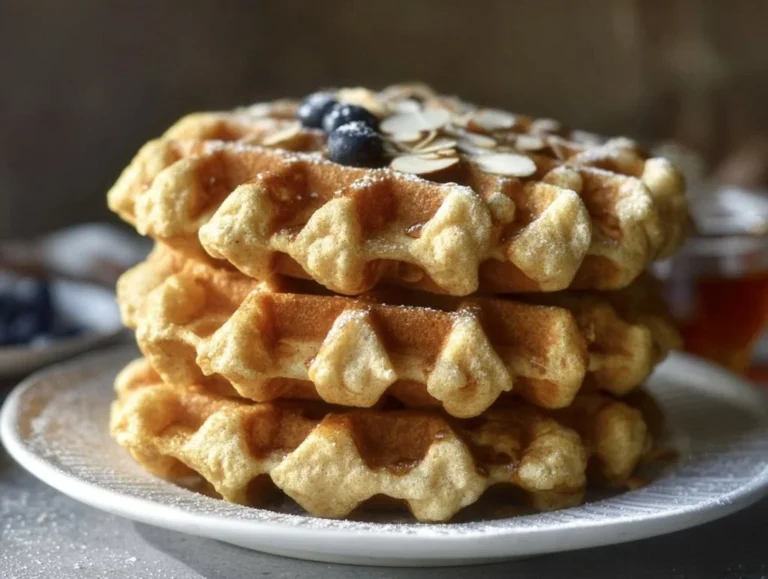 Delicious overnight almond oatmeal waffles topped with fruits and syrup