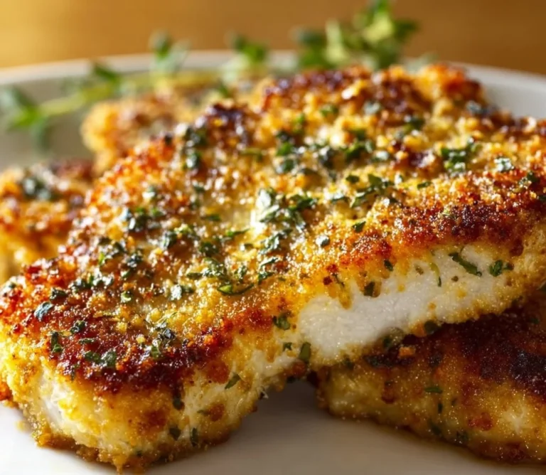 Parmesan Baked Pork Chops served with herbs and side vegetables
