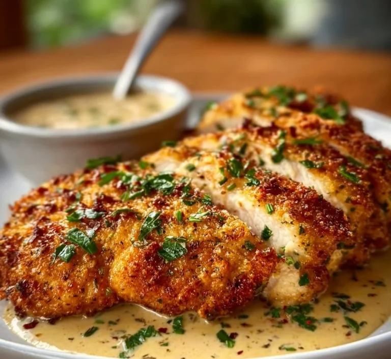 Juicy Parmesan Crusted Chicken plated with herbs and vegetables