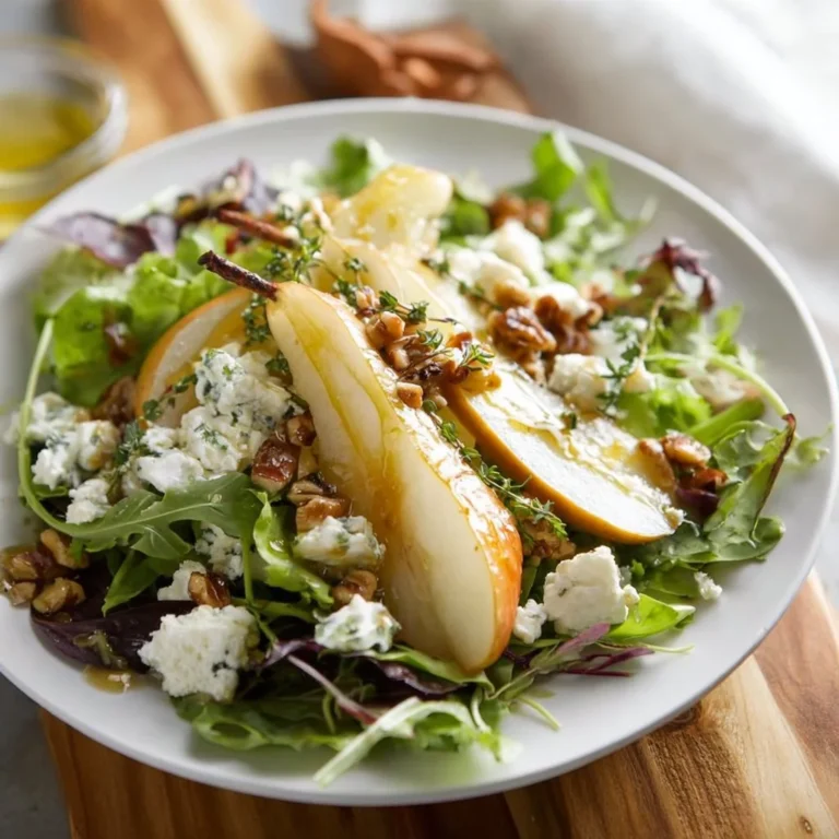Delicious pear goat cheese salad with honey tarragon vinaigrette on a plate.