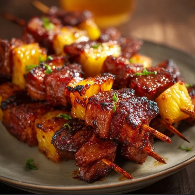 Delicious Pineapple BBQ Pork Skewers ready for grilling