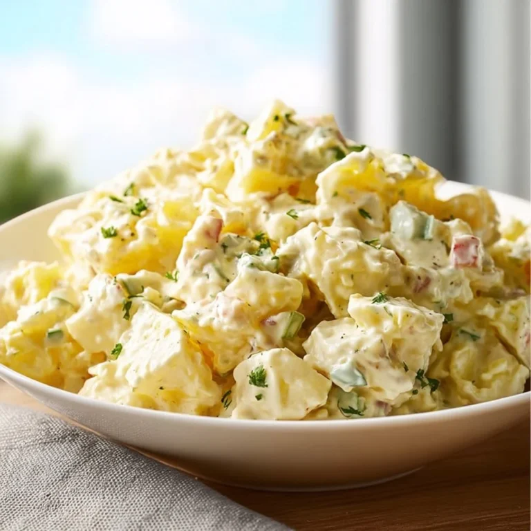 Homemade potato salad served in a bowl with fresh herbs and spices.