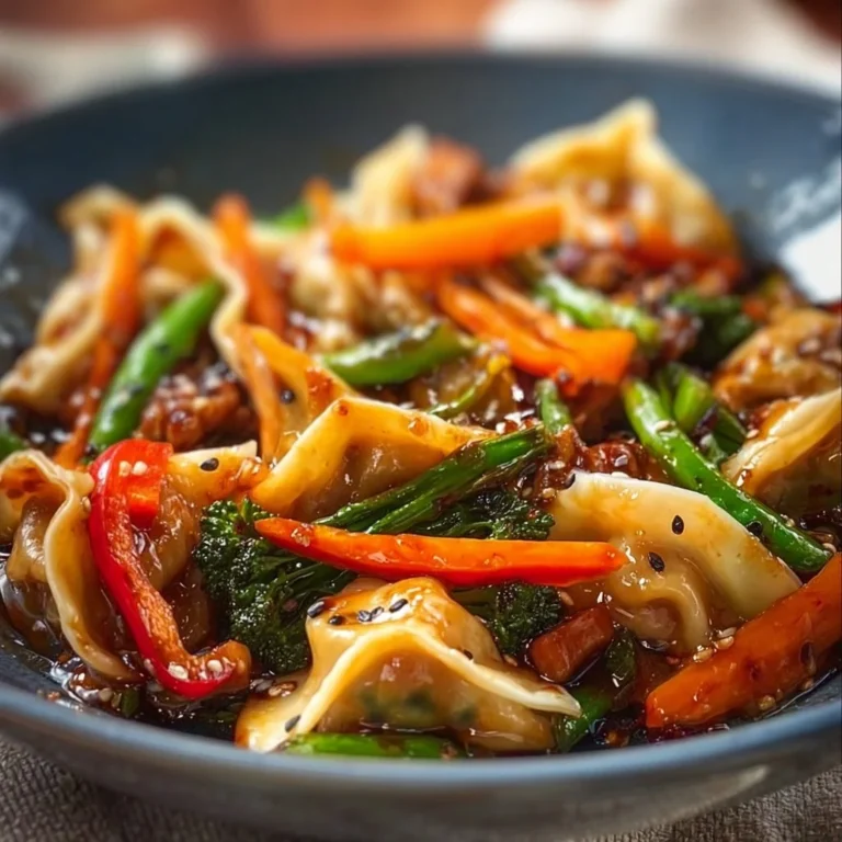 Colorful potsticker stir fry with vegetables in a skillet