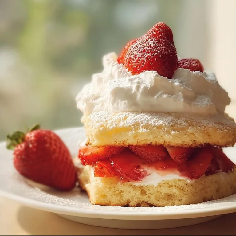 Delicious Quick Classic Strawberry Shortcake topped with fresh strawberries and cream