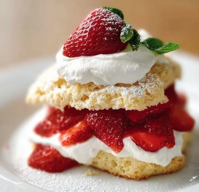 Quick classic strawberry shortcake topped with fresh strawberries and whipped cream.