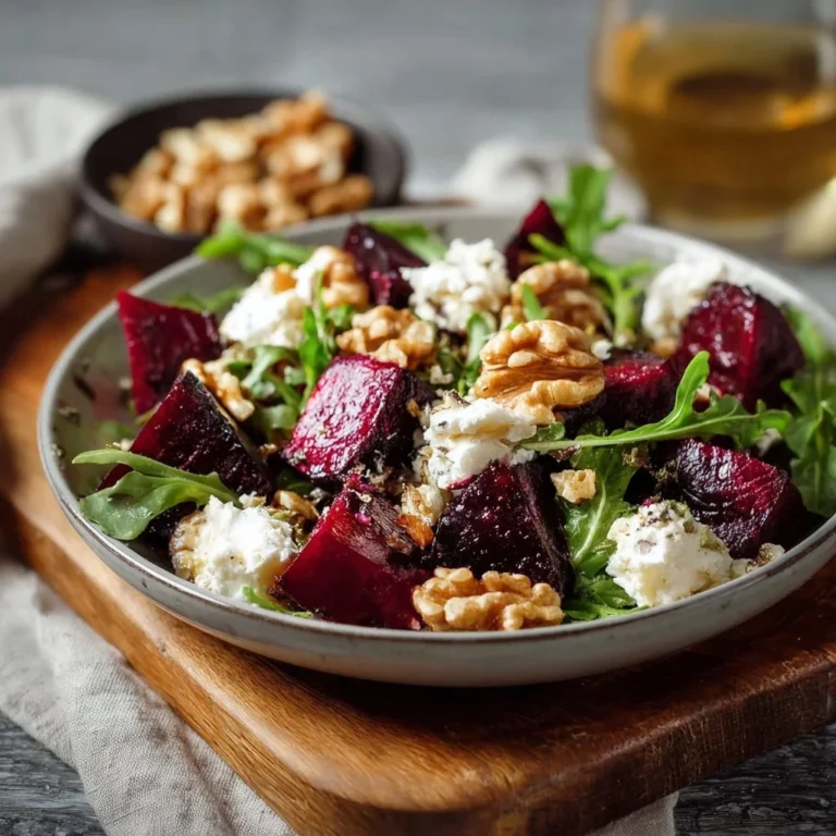 Roasted beetroot salad with goat cheese and toasted walnuts on a plate