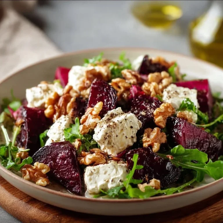 Roasted beetroot salad topped with goat cheese and toasted walnuts on a plate