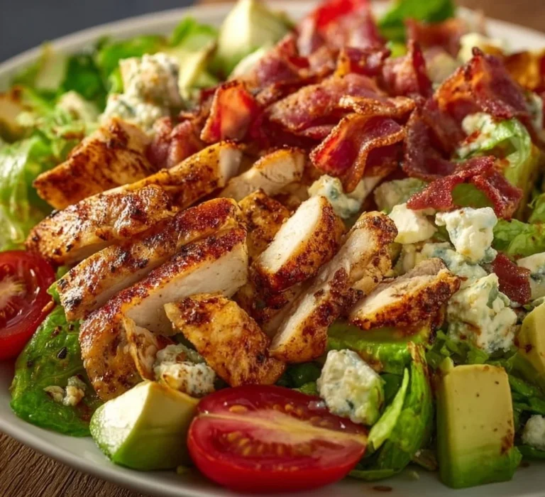 Savory BLT Chicken Salad with bacon, lettuce, and chicken in a bowl