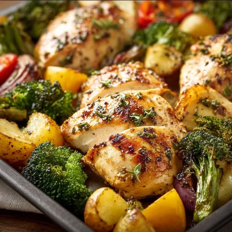 Sheet pan with garlic butter chicken and colorful veggies, ready to serve.