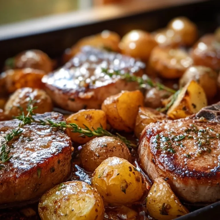 Sheet pan pork chops with roasted potatoes and herbs