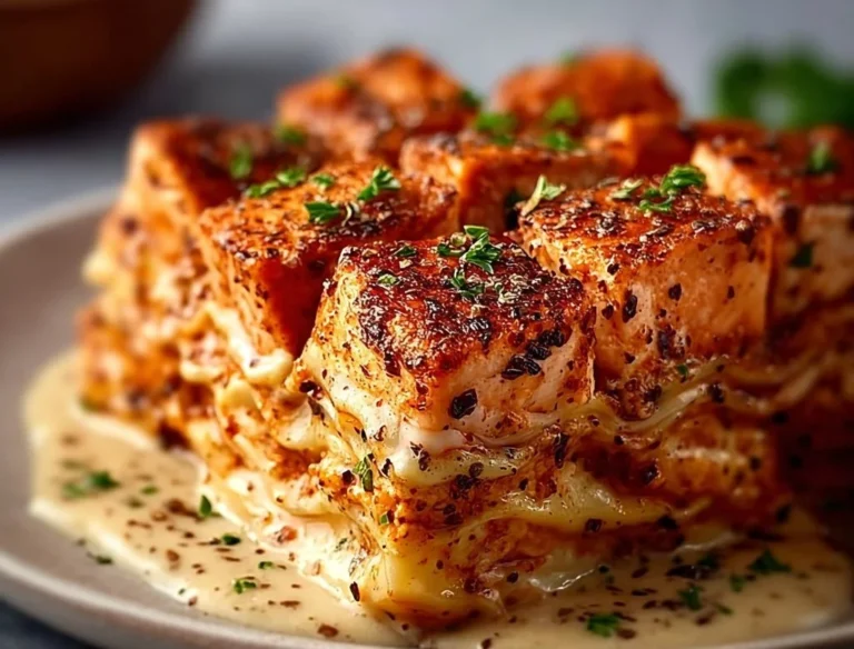 Delicious slow cooker lasagna topped with cheese and herbs in a rustic dish