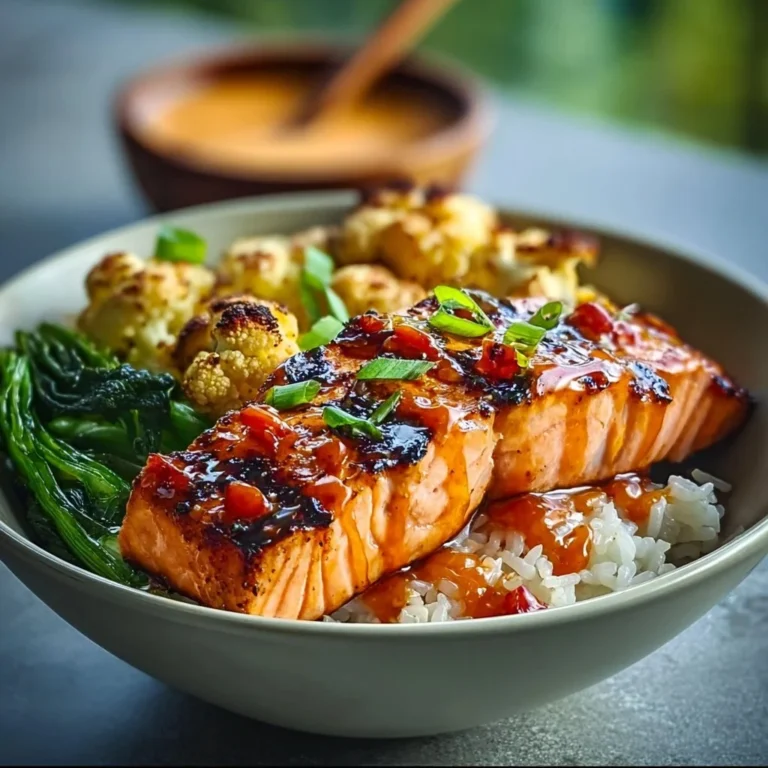 Sriracha Honey Salmon served in a colorful bowl with vegetables and rice.