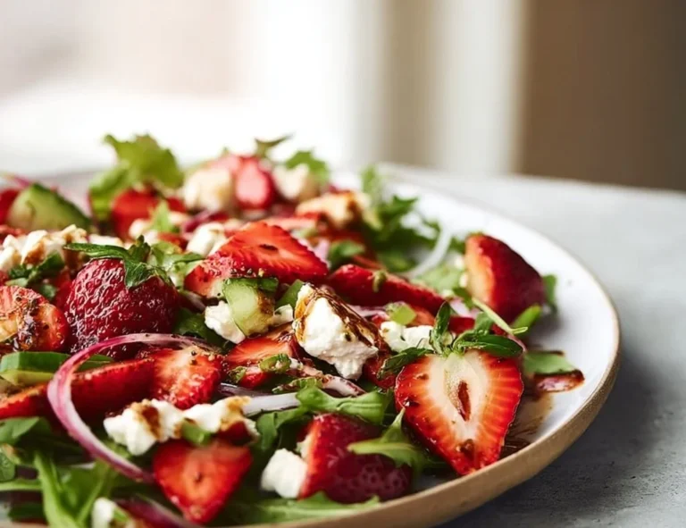 Delicious strawberry goat cheese salad with fresh greens and nuts