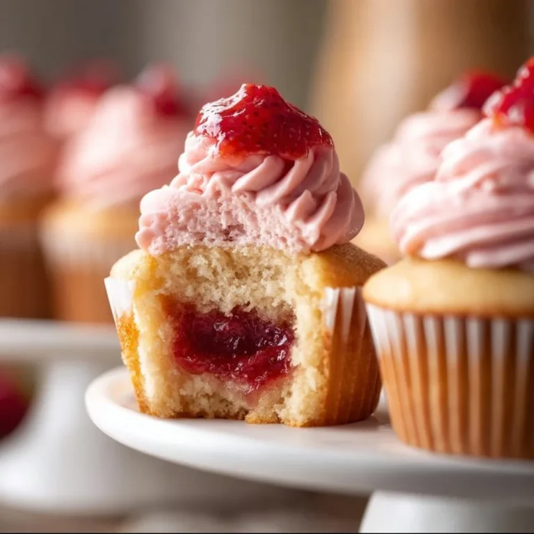 Delicious strawberry jam cupcakes topped with fresh strawberries and frosting