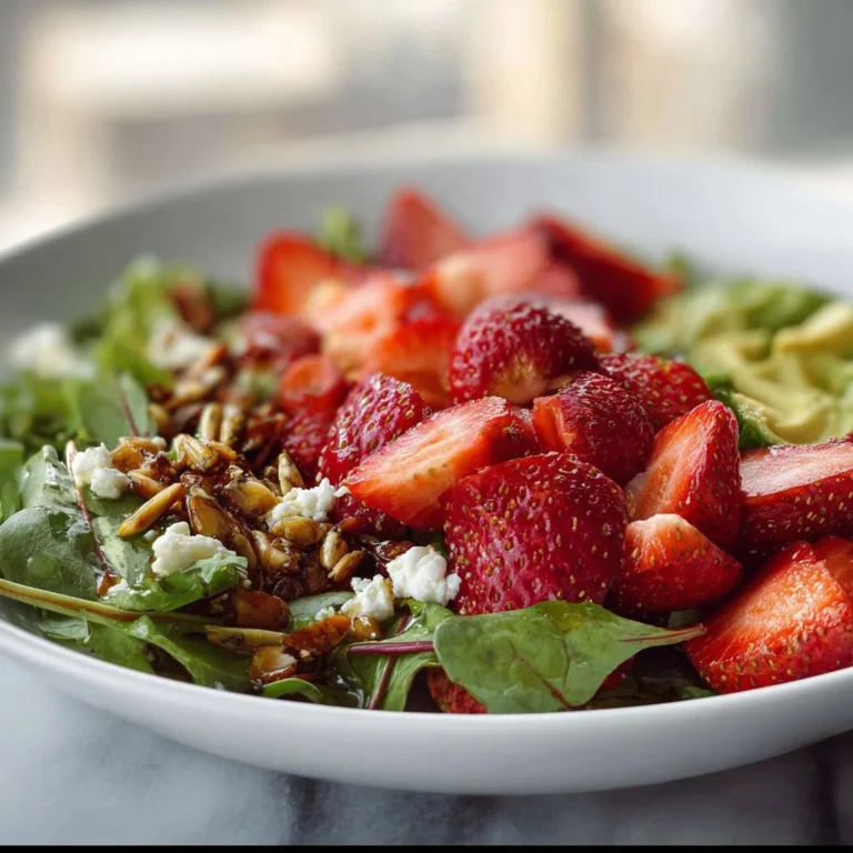 Fresh and colorful strawberry salad with greens and dressing