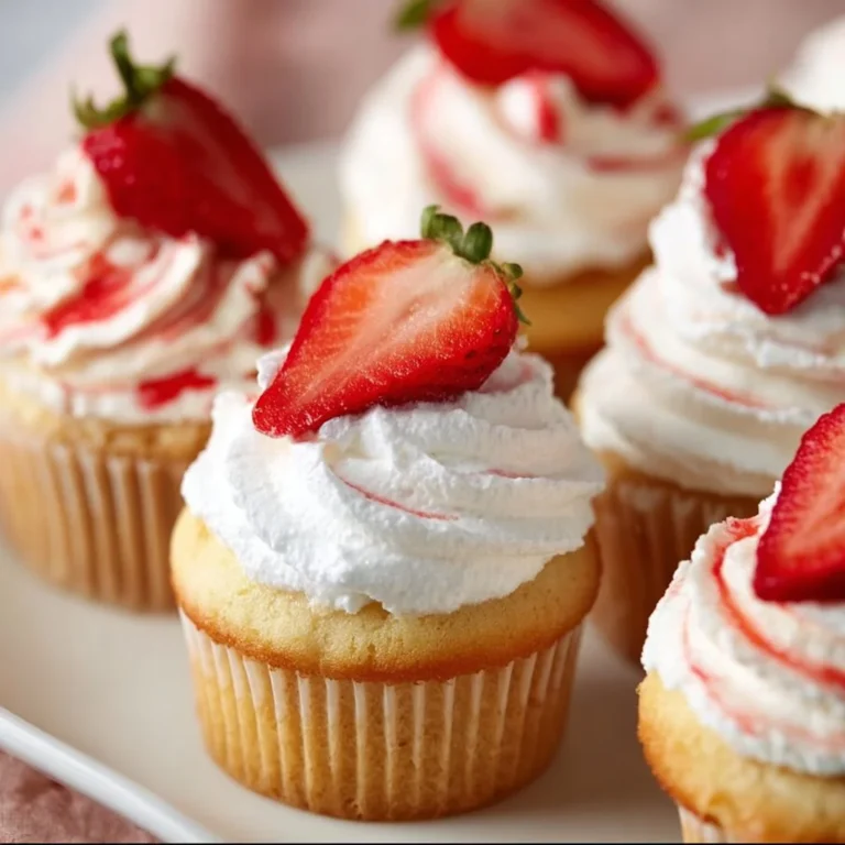 Strawberry shortcake cupcakes with fresh strawberries and whipped cream on top