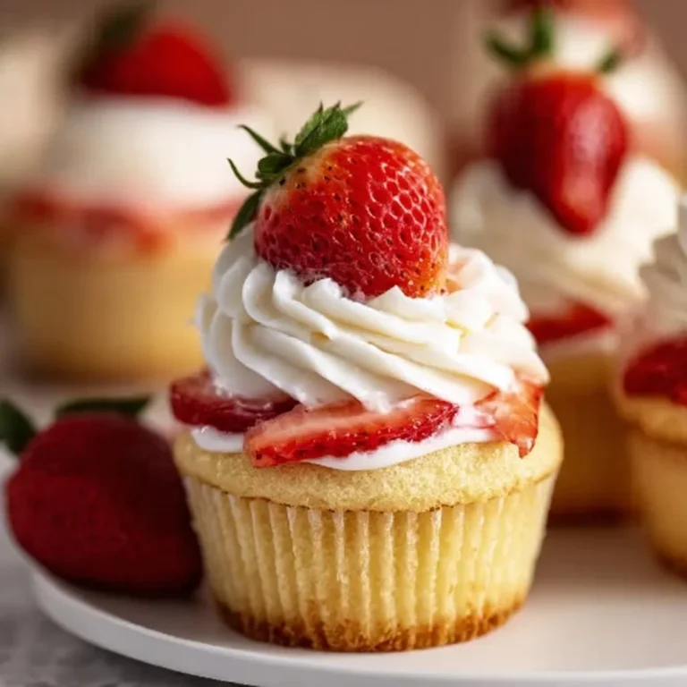 Delicious strawberry shortcake cupcakes topped with fresh strawberries and whipped cream.