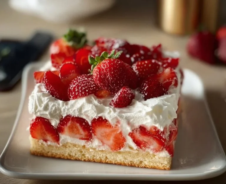 Delicious Strawberry Shortcake Sheet Cake with fresh strawberries and whipped cream
