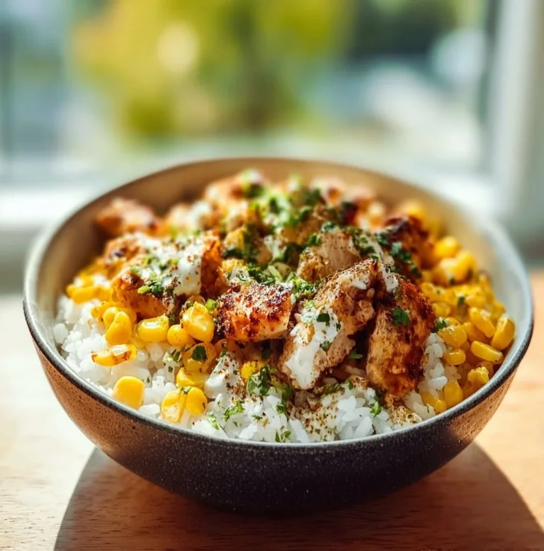 Street Corn Chicken Rice Bowl featuring tender chicken, street corn, and rice