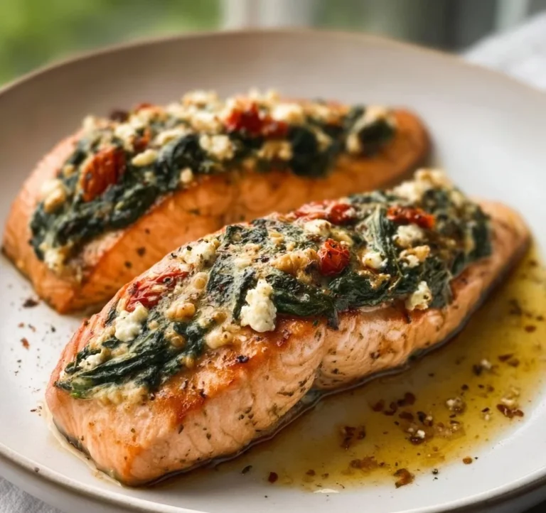 Stuffed salmon with spinach and feta served on a plate