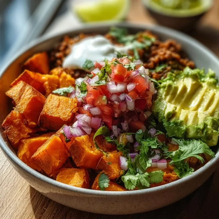 Colorful sweet potato taco bowl topped with fresh ingredients and garnishes.