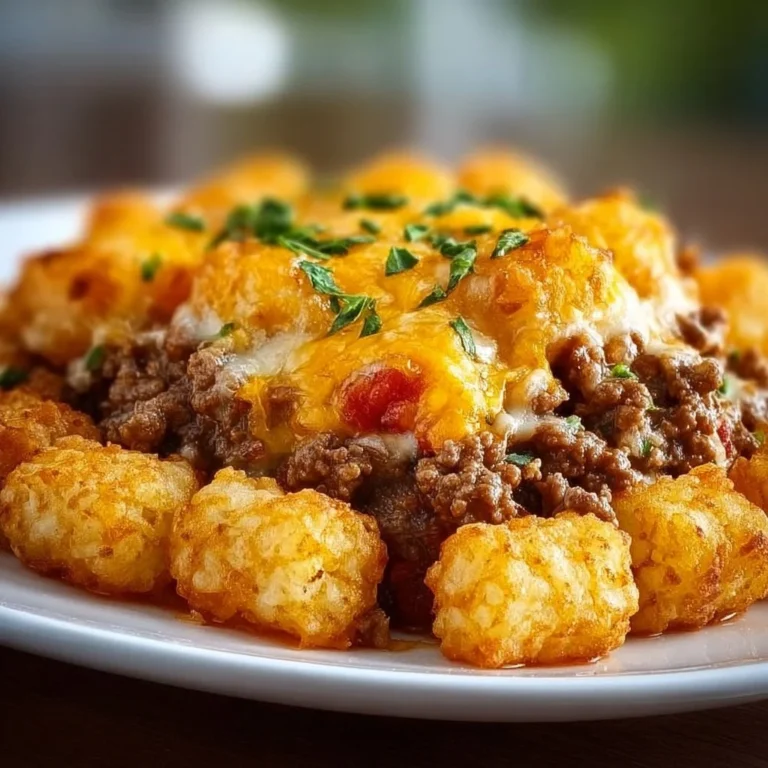 Delicious tater tot casserole topped with ground beef and cheese in a baking dish