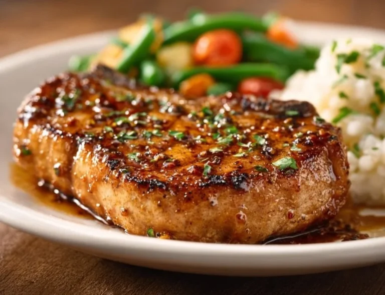 Texas Roadhouse pork chop served with sides on a rustic wooden table