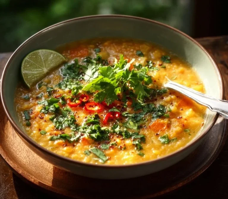 Bowl of Thai coconut red lentil soup garnished with cilantro and lime