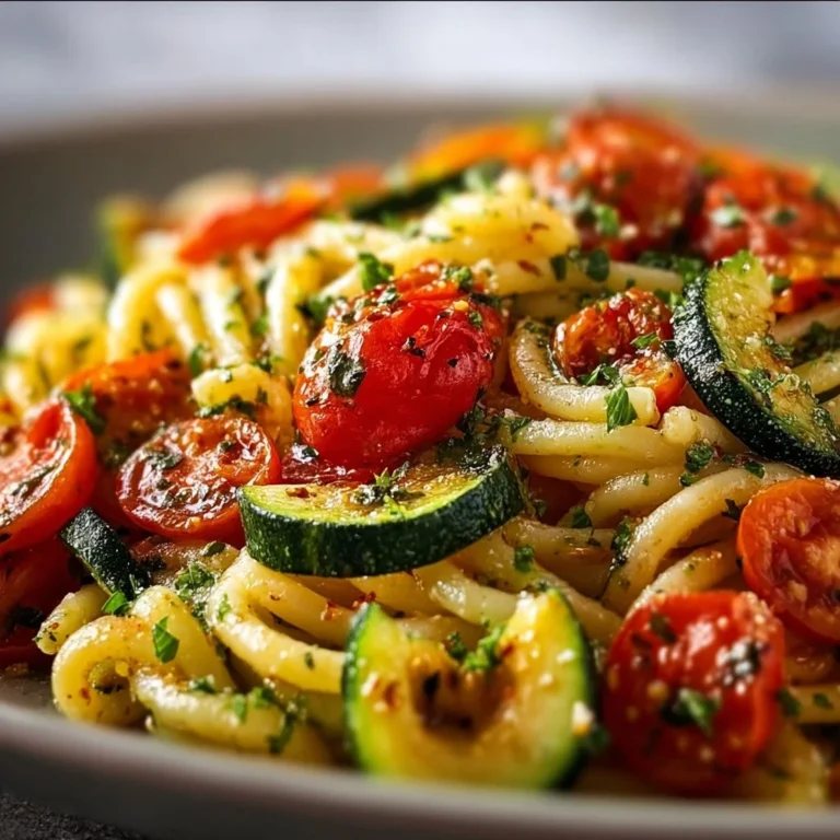 Delicious Tomato Zucchini Pasta dish with colorful vegetables on a plate.