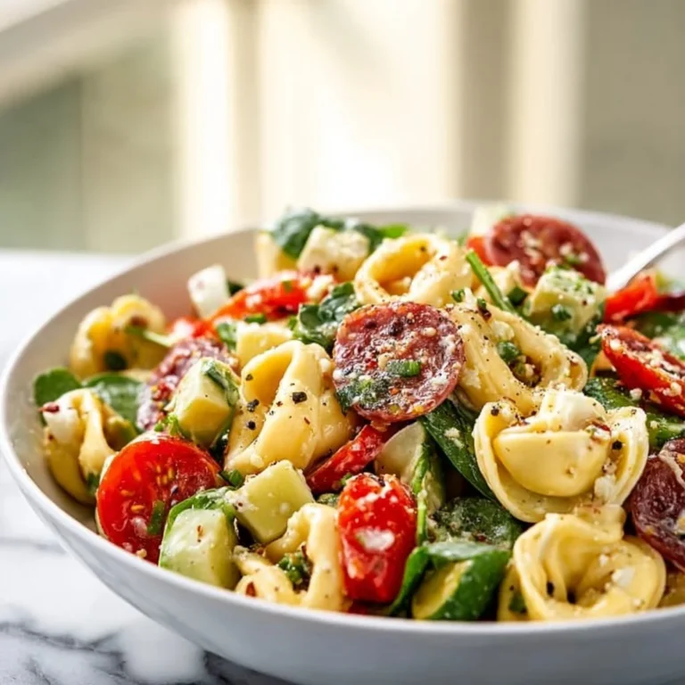 Colorful tortellini pasta salad with vegetables and dressing