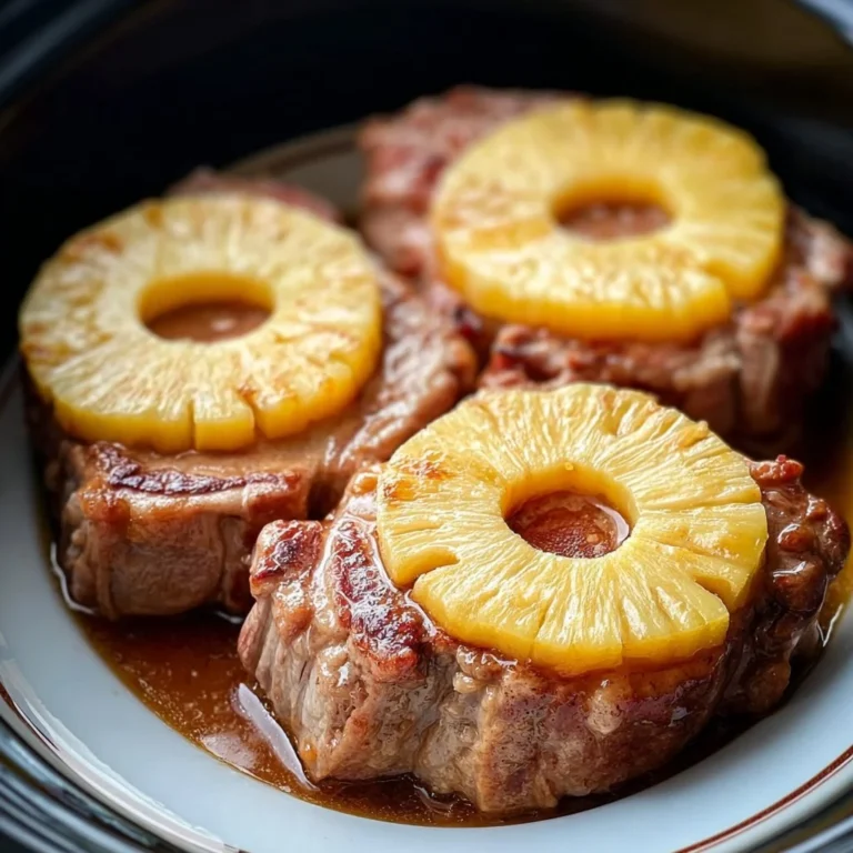 Crockpot pork chops with pineapple slices and soy sauce for a tasty dinner