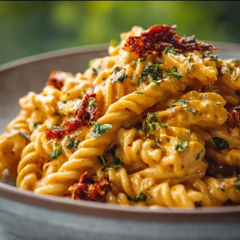 Bowl of Vegan Creamy Sun-Dried Tomato Pasta garnished with herbs