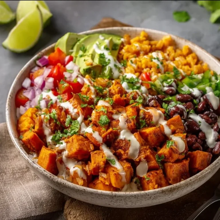 Delicious vegan sweet potato burrito bowl with vibrant vegetables and spices.