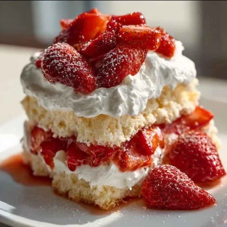 Light and fluffy angel food cake topped with fresh strawberries in a shortcake presentation