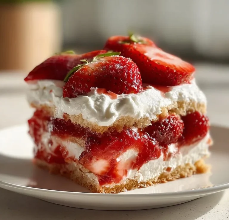 Delicious no-bake strawberry shortcake served on a plate with fresh strawberries
