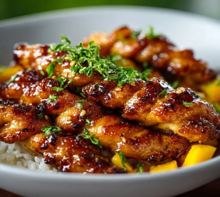 Plate of Asian Mango Glazed Chicken Twists garnished with herbs