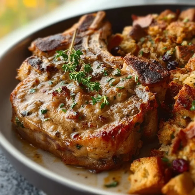 Baked pork chops served with delicious stuffing on a plate