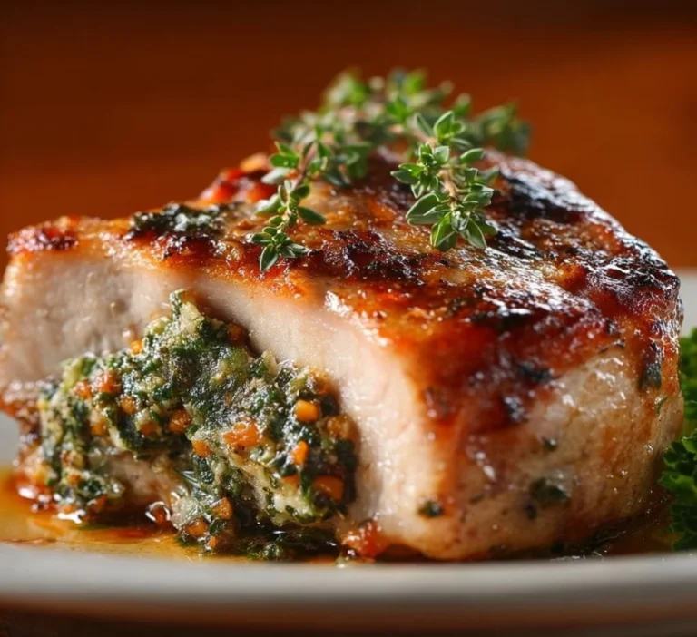 Baked stuffed pork chops with herbs and vegetables on a plate