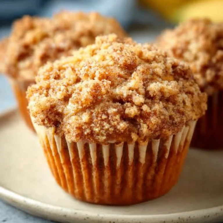 Homemade banana muffins with crumb topping, golden brown and fluffy.