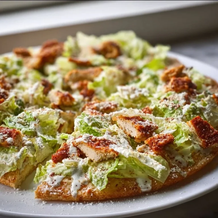 Delicious Chicken Caesar Salad Pizza topped with fresh greens and creamy dressing