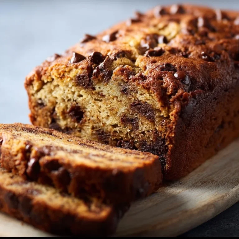 A slice of chocolate chip banana bread on a wooden cutting board.