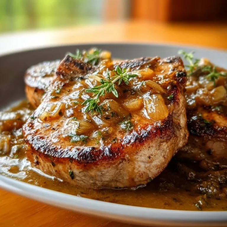 Delicious cozy smothered pork chops topped with homemade onion gravy