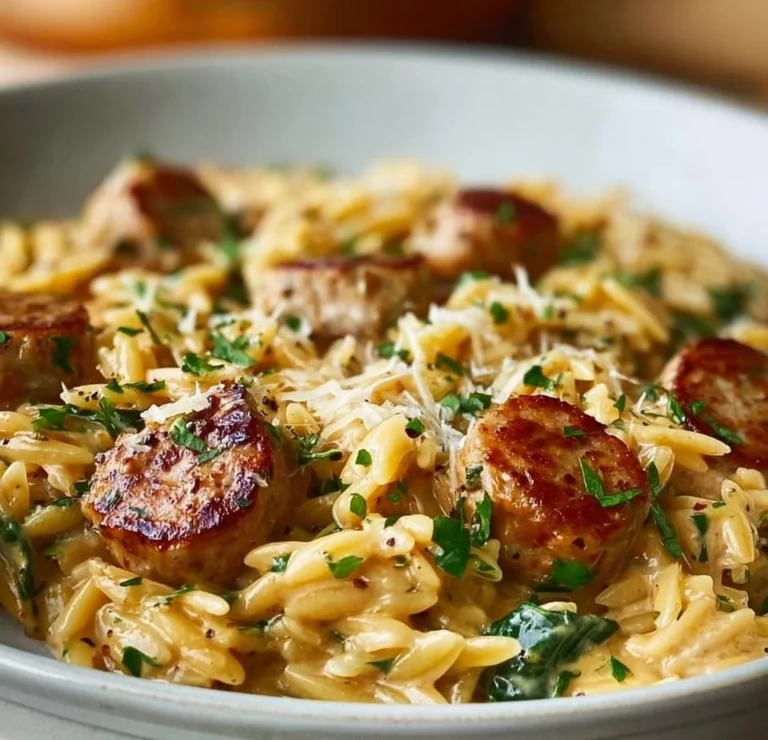 Creamy Chicken Sausage Orzo dish garnished with herbs in a one-pan presentation