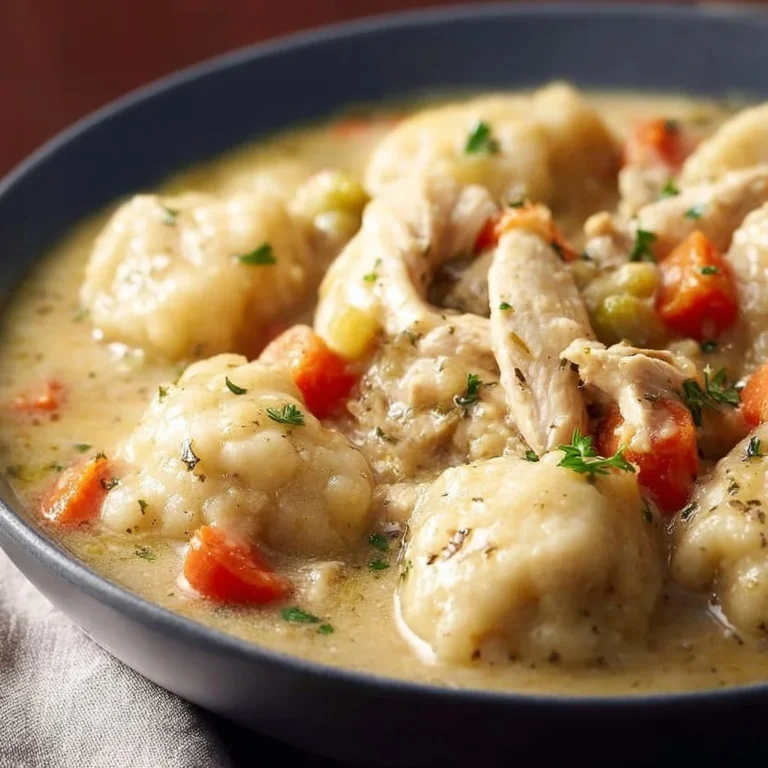 Creamy crockpot chicken and dumplings served in a bowl.