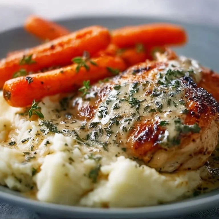 Creamy herb chicken served with mashed potatoes and honey glazed carrots